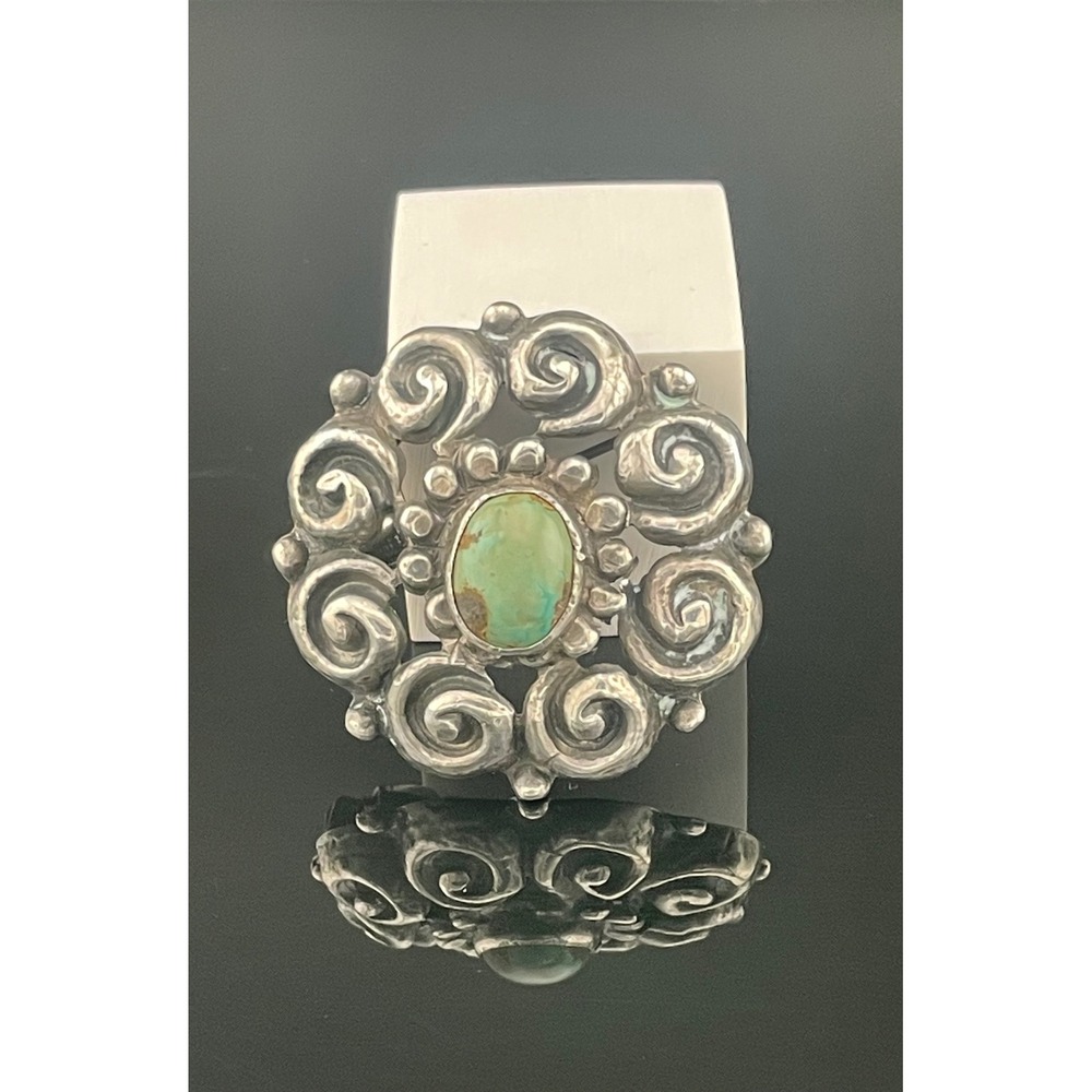 Antique Sterling Silver Turquoise Spiral Brooch Early 1900s Southwest‎ Style